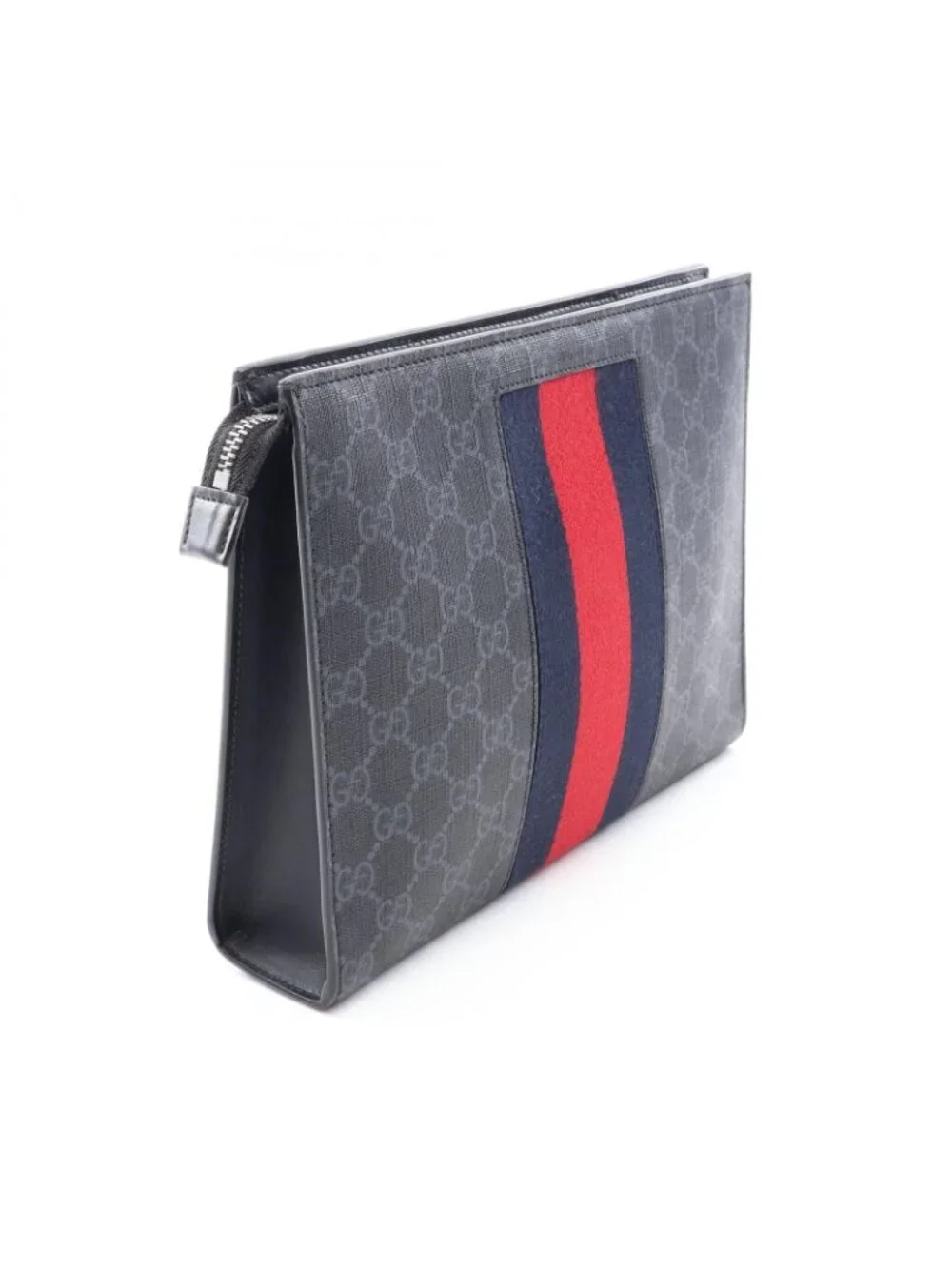 Gucci Clutch GG Supreme Webbing Line Black Gray Navy Canvas Leather Sherry